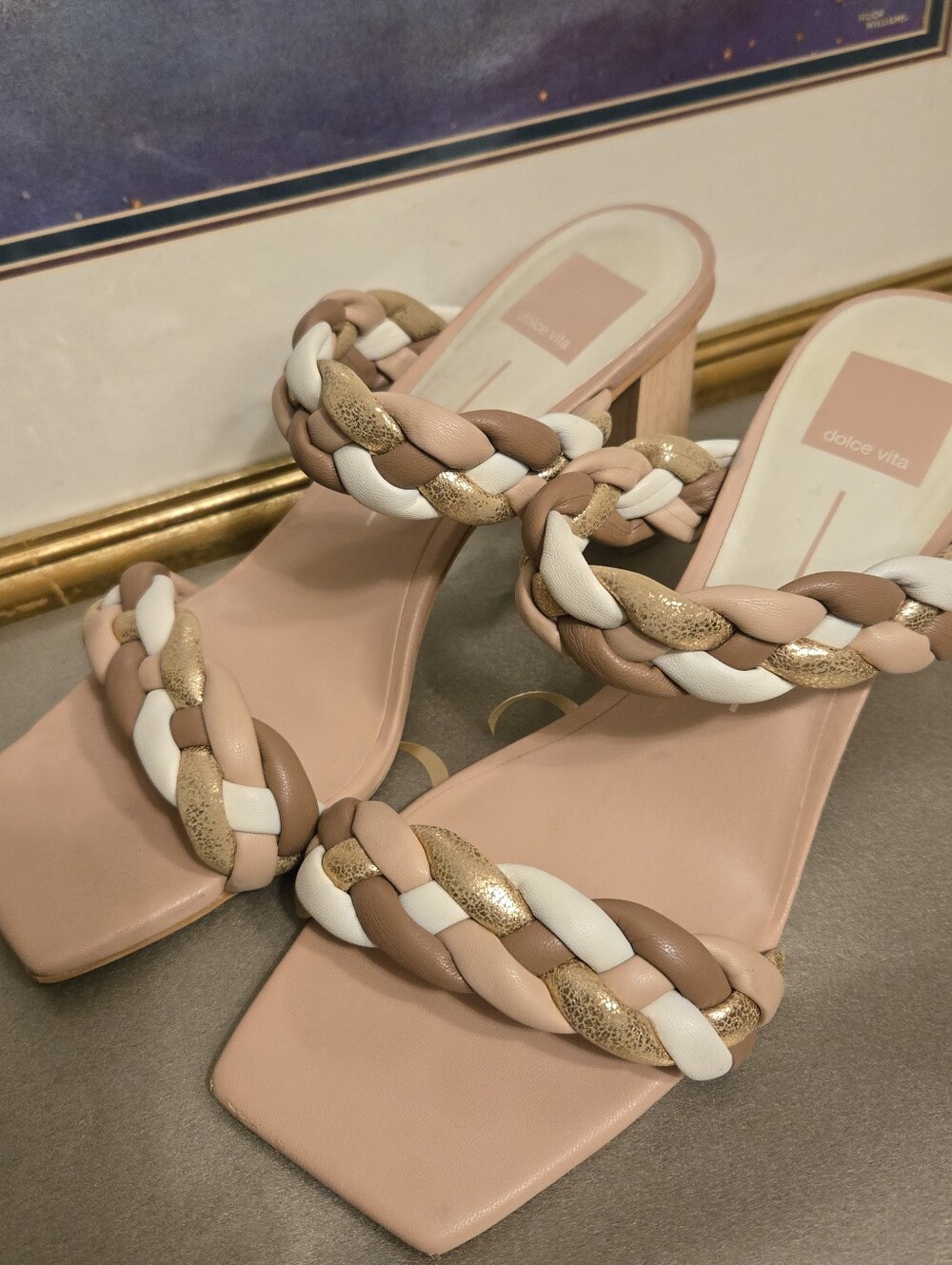 Dolce Vita Gold Tan White Braided Strap Cafe Stella Heeled Sandals Size 9